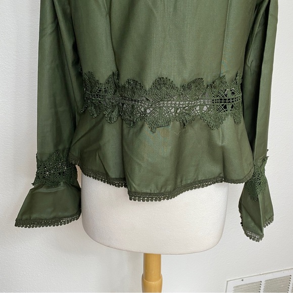 After Market Women's Olive Green Crochet Peplum Blouse Size Medium Cottagecore - Picture 8 of 14